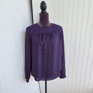 Gap Women's Navy Red Geo Ptint Long Sleeve V-Neck Blouse Keyhole Sz M